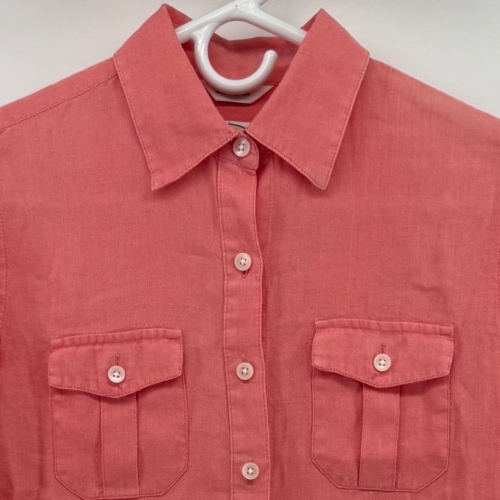 Talbots Petites Coral Pink 100% Irish Linen Button Down Shirt Long Sleeve Size P